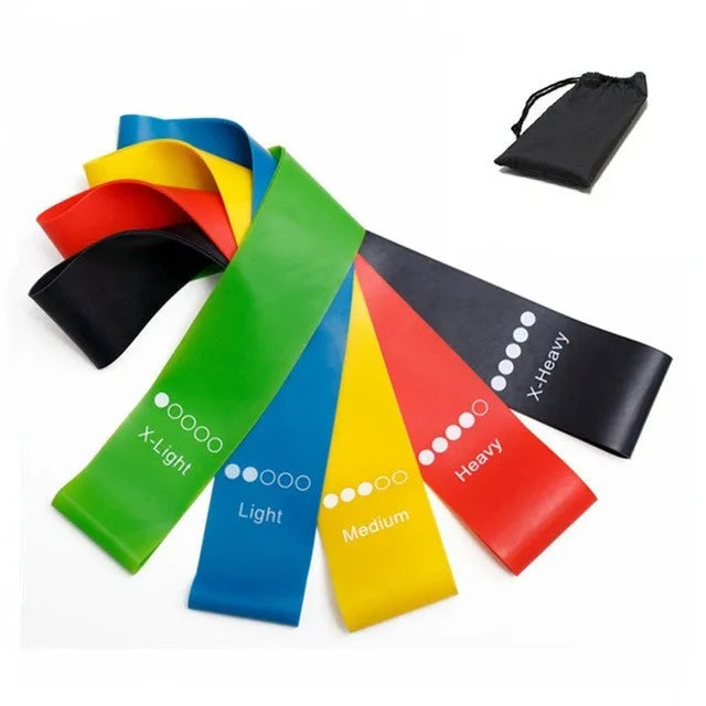 Set of five colour-coded yoga resistance straps with force marks and five plain TPE straps.