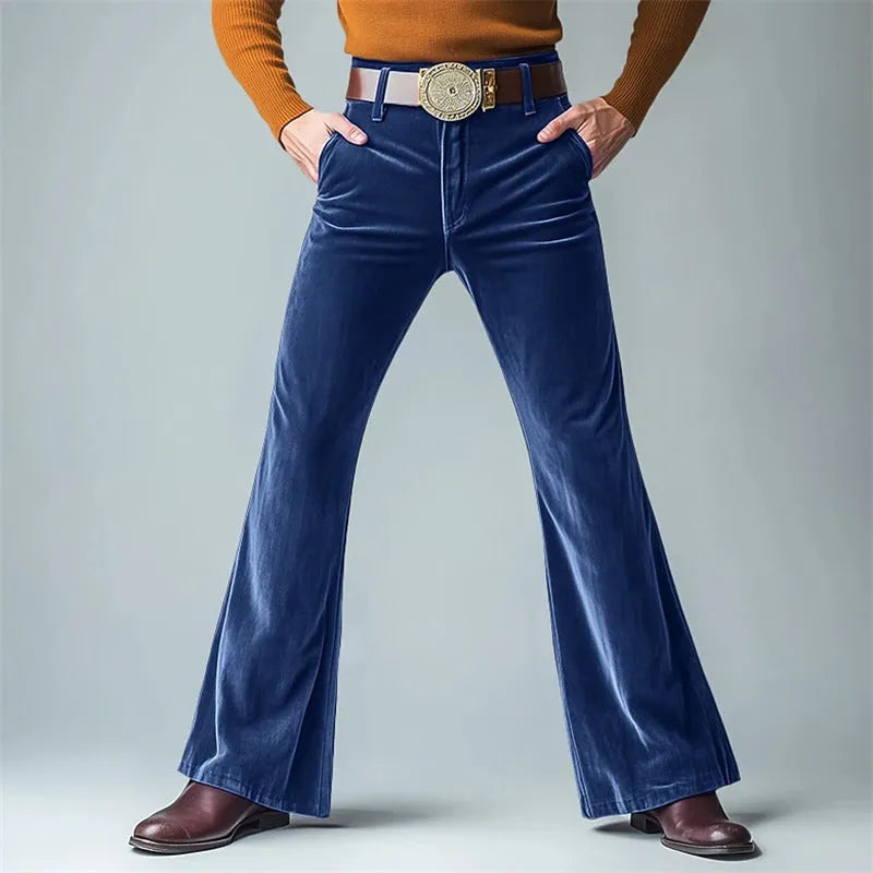 Man wearing slim-fit gold velvet flared suit pants in a solid colour, suitable for banquet or formal casual wear.
