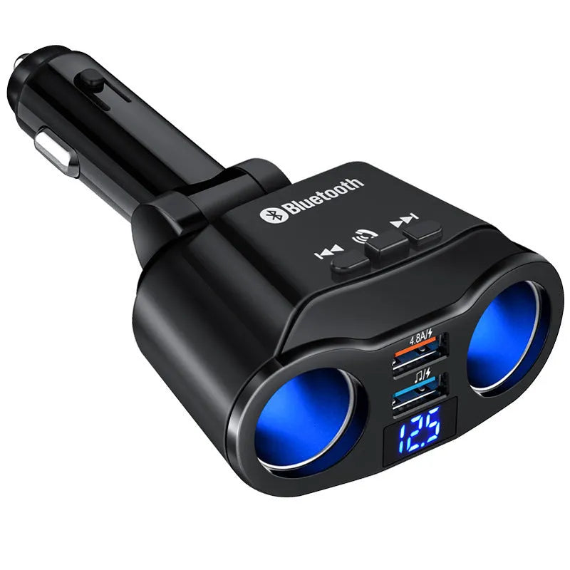 A black car Bluetooth FM transmitter and charger plugged into a vehicle's cigarette lighter socket.
