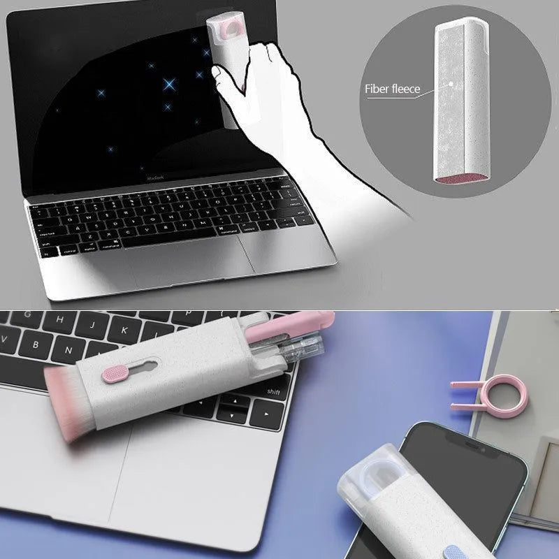 Multifunctional cleaning pen set with keycap puller, screen spray, and retractable brush in ABS, 60x130x15mm