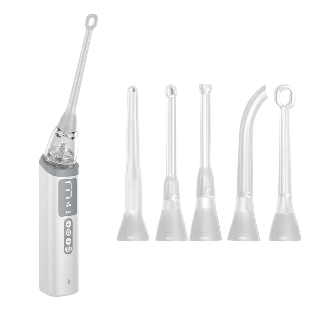 Milky white tonsil stone removal tool kit for oral hygiene, extractor tool on a plain background.