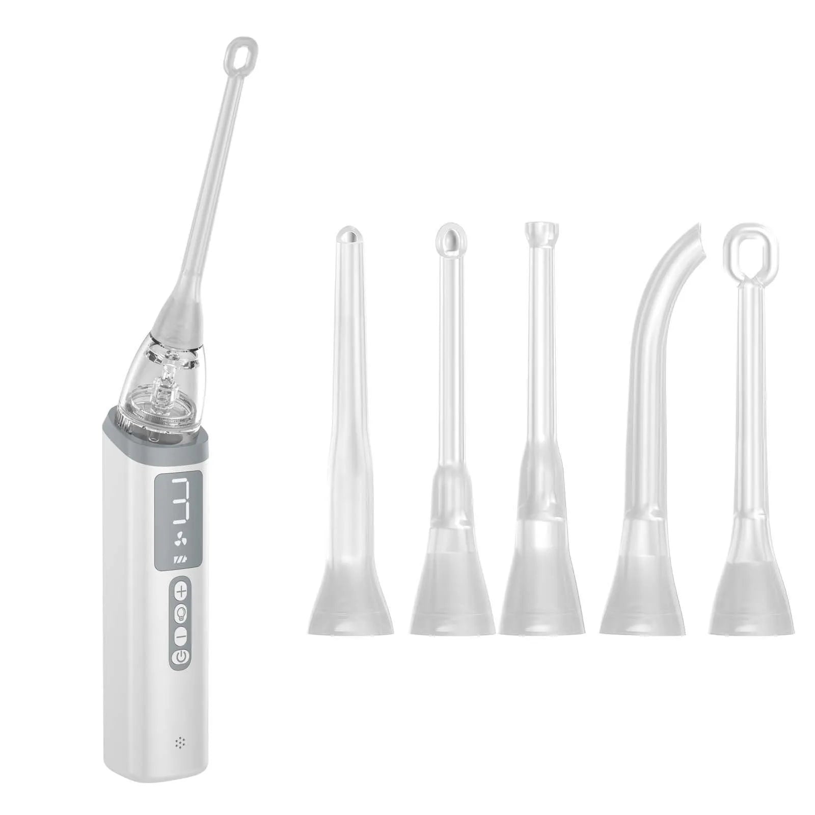 Milky white tonsil stone removal tool kit for oral hygiene, extractor tool on a plain background.