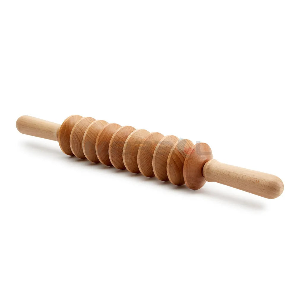 Beech wood massage roller set with T-shaped roller and multiple wheel sets on a neutral background.