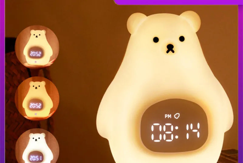 White cartoon bear silicone night light with remote control on a bedside table.