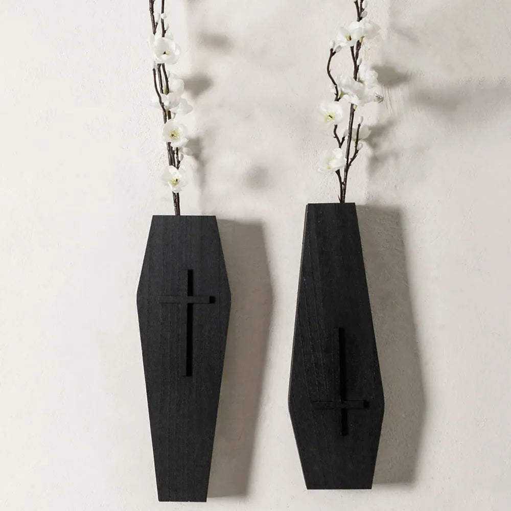Wooden cross-shaped wall shelf with small vase holders in black, brown, or white wash finish.