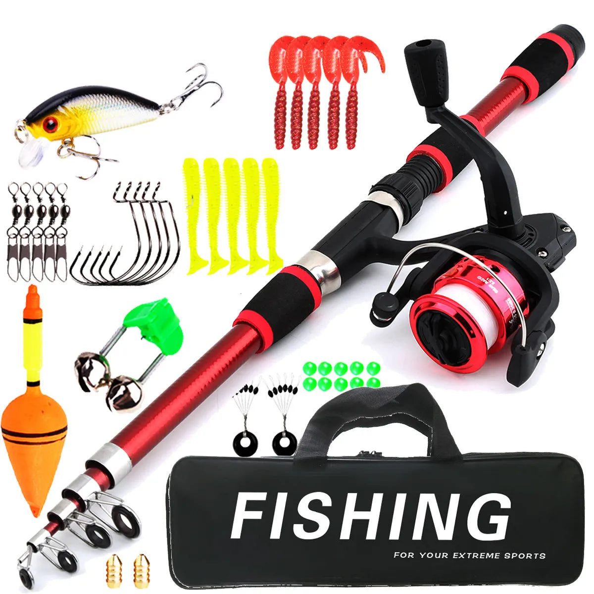 Children's fishing rod set with pole and wheel in blue, green, red or yellow colours with accessory box