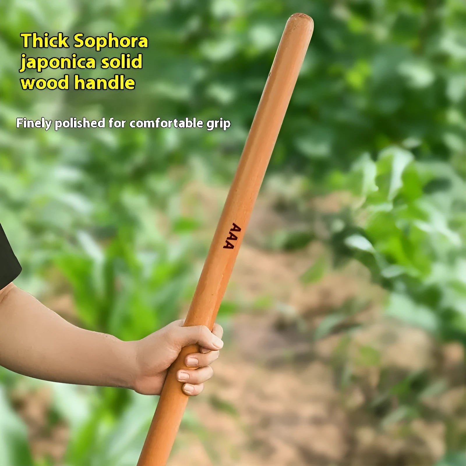 A locust wood replacement axe handle and hoe handle shown in different standard lengths.