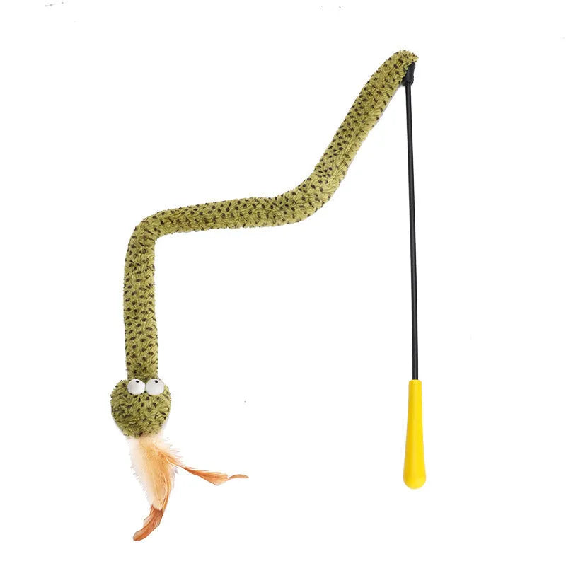 Green cat teasing wand toy with feather attachment on 140cm long pole for interactive play