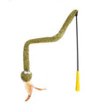 Green cat teasing wand toy with feather attachment on 140cm long pole for interactive play