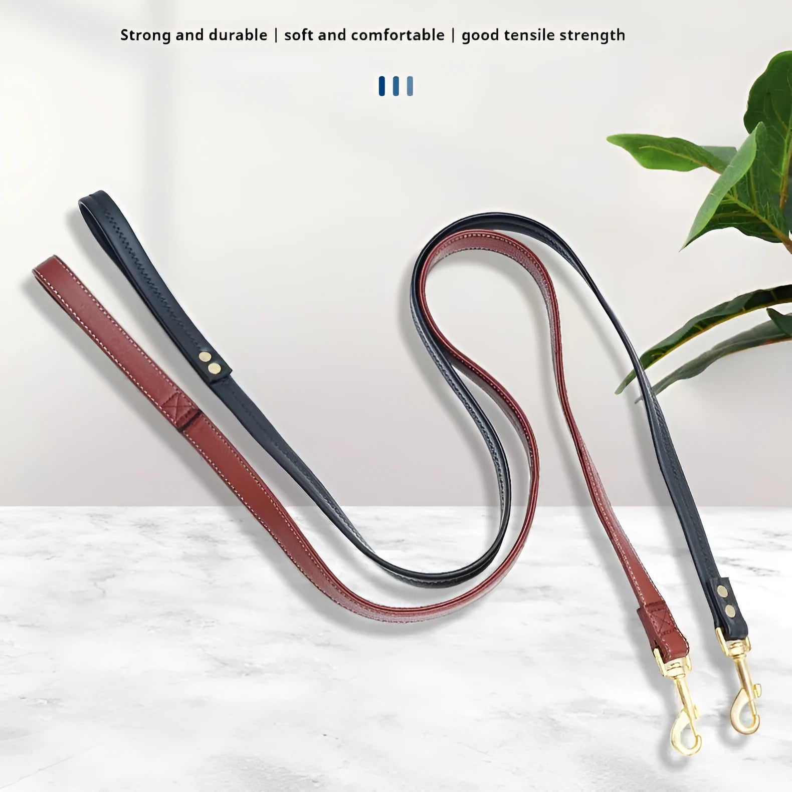 Black PU leather dog lead with padded handle and metal buckle clasp