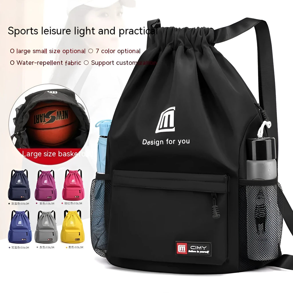 Unisex grey Oxford fabric drawstring travel backpack shown folded and unfolded