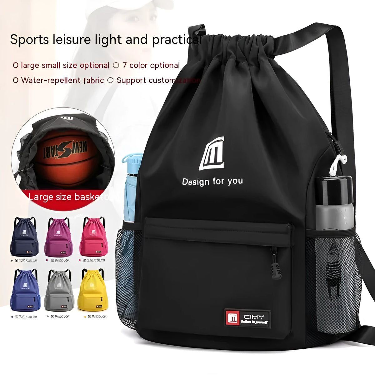 Unisex grey Oxford fabric drawstring travel backpack shown folded and unfolded