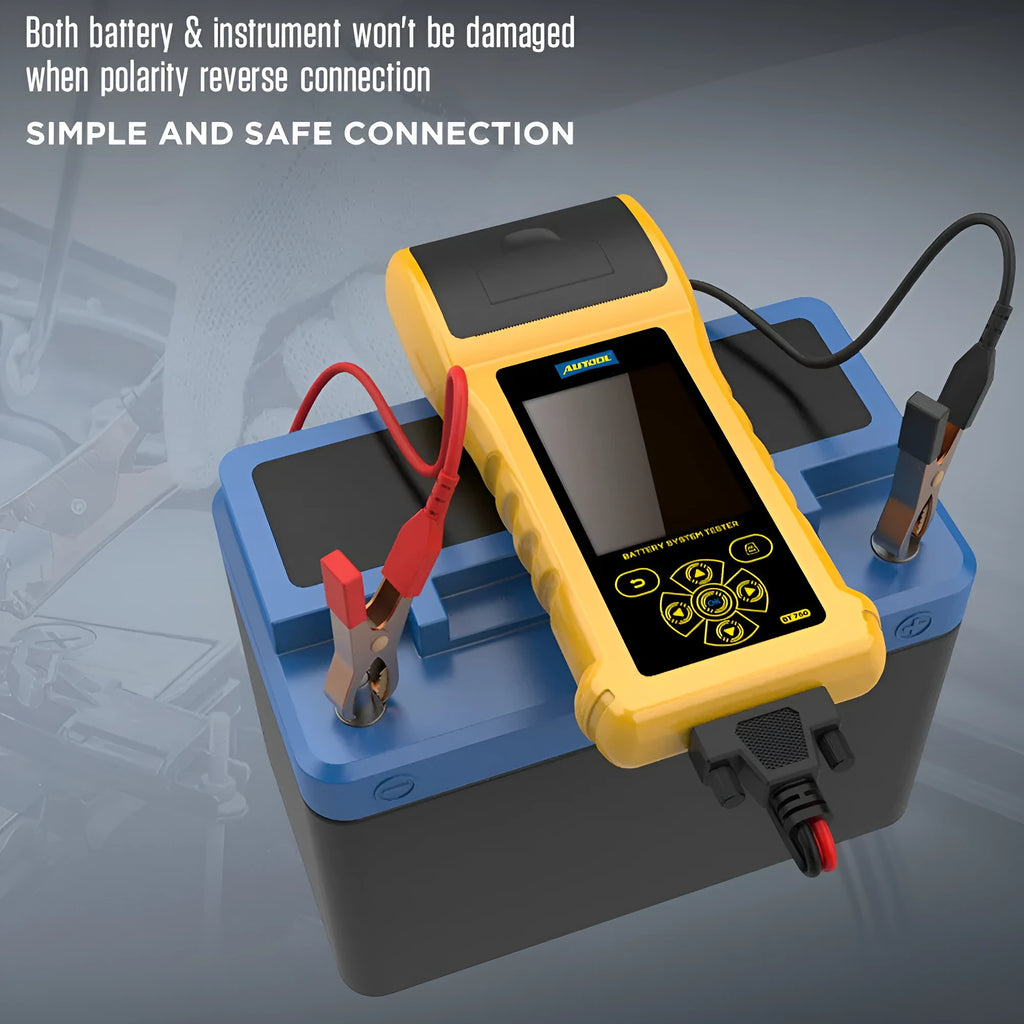 Autool BT760 colour screen car battery tester with clip connectors and thermal printer