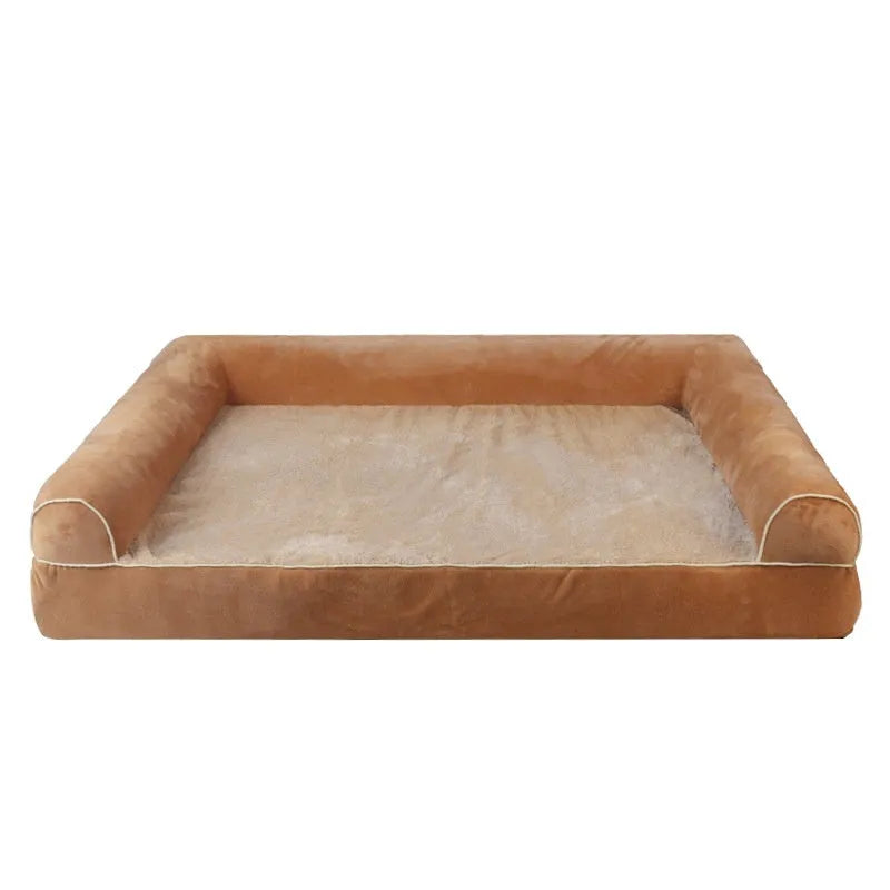 Square cloth pet bed for dogs in dark gray, available in sizes S to 2XL with breathable fabric.