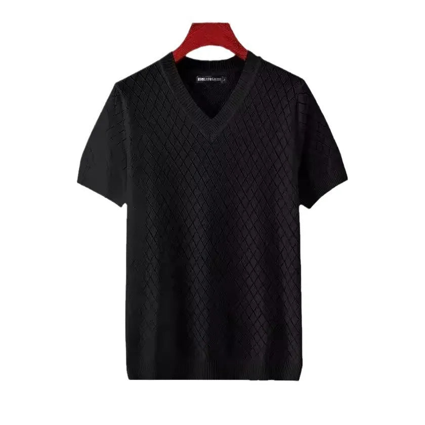 Men's ice silk summer t-shirt in white or black with V-neck or round neck Korean style