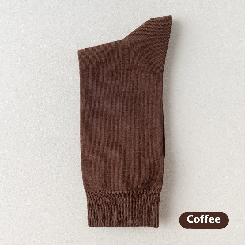 Mid-calf business socks in pure combed cotton showing solid colour options including army green, beige and black