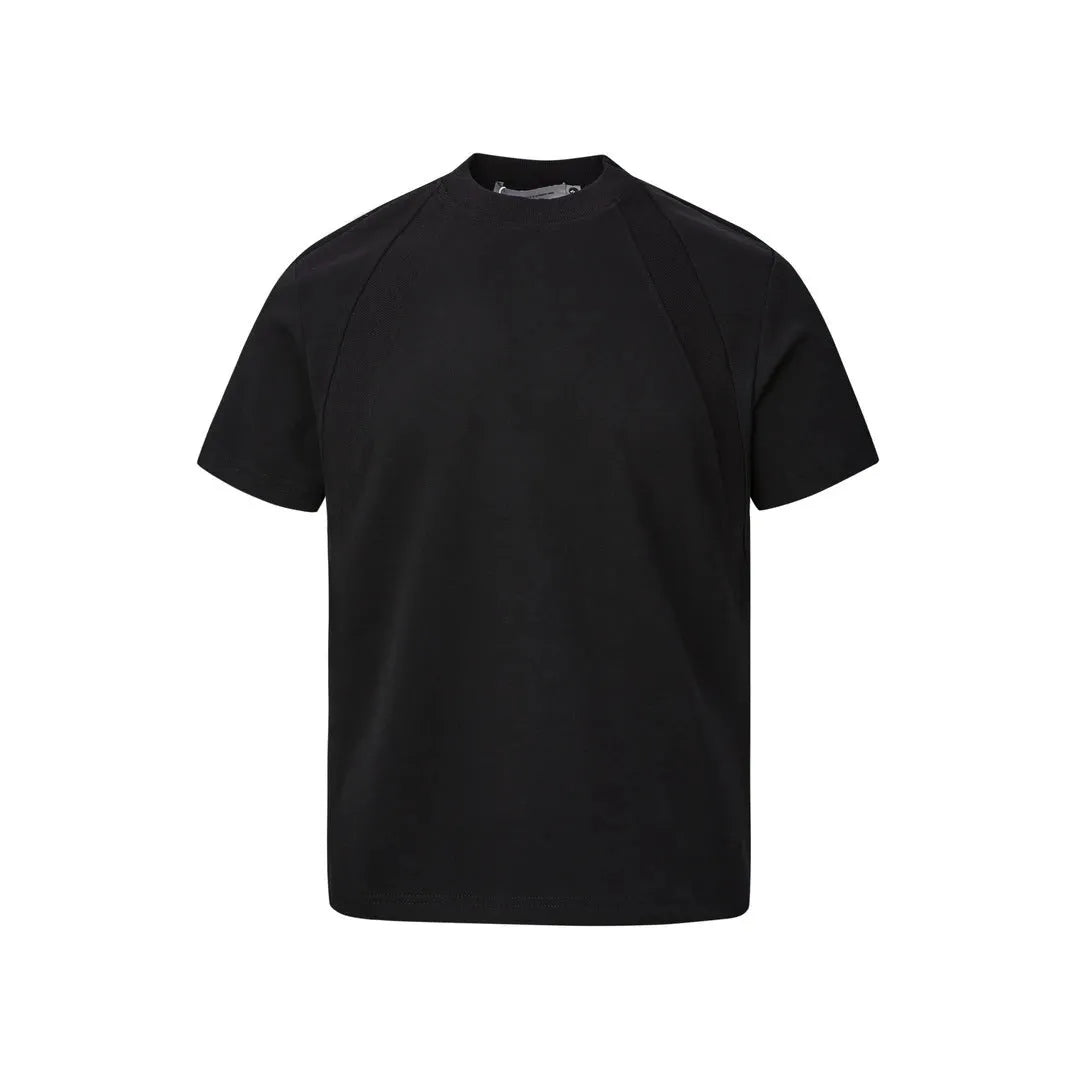 Loose grey short sleeve top with air layer stitching on a hanger.