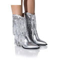 Women's black chunky high-heel ankle boots with a pointed toe and decorative tassel.