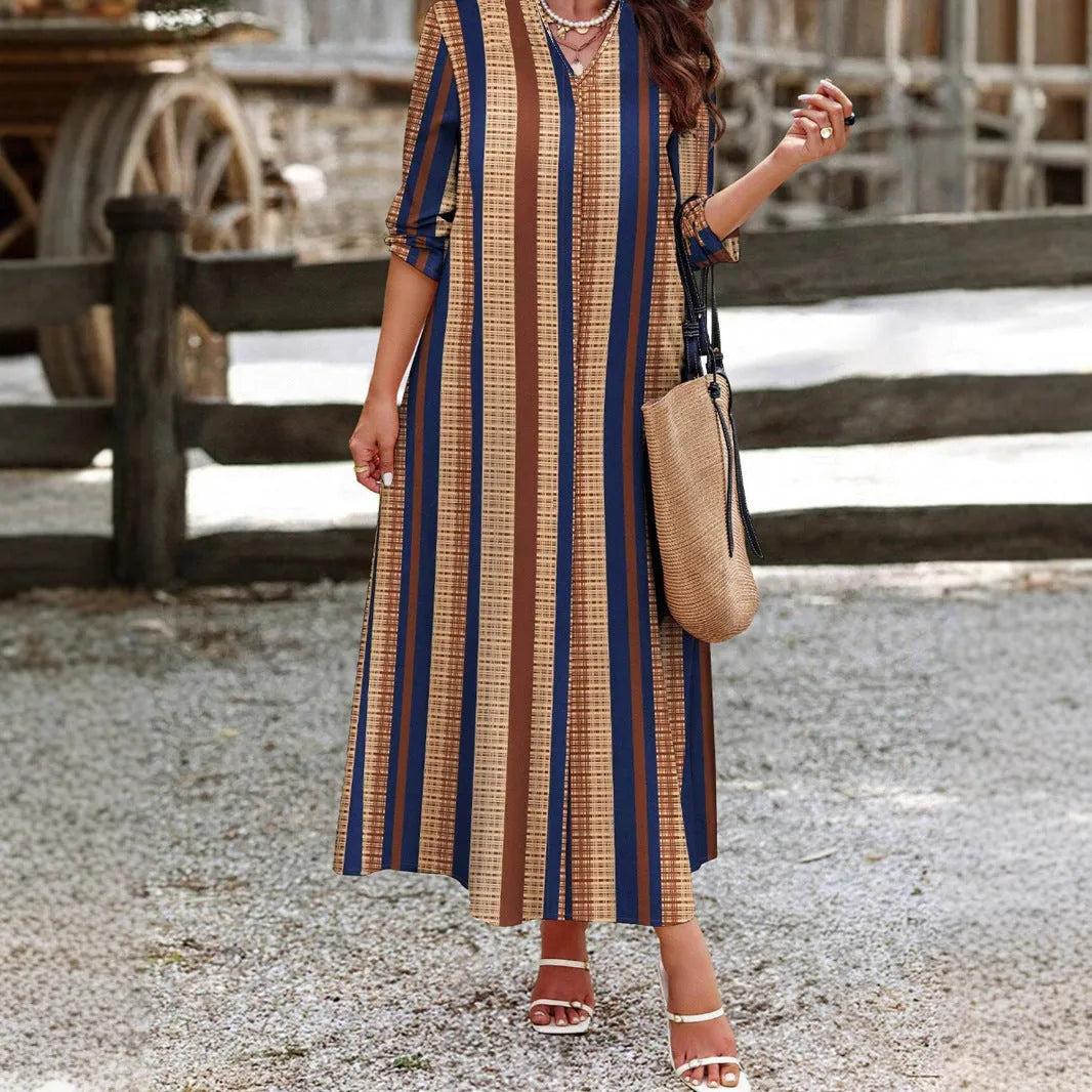 Women's camel coloured vertical striped V-neck long dress with A-line skirt and long sleeves