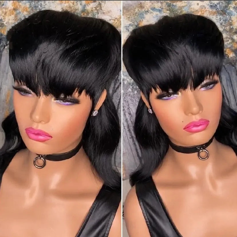 Black Brazilian wig with short front layers and long back hair in layered style