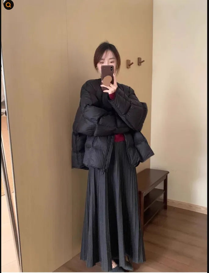 Women's dark grey knitted dress suit set with ethnic collage stitching on sweater and skirt