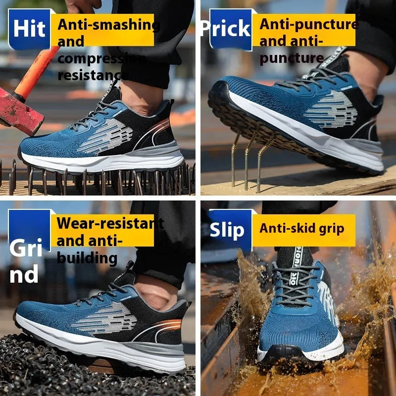 Blue men's safety work shoes with mesh upper, plastic toe cap, and lace-up closure.