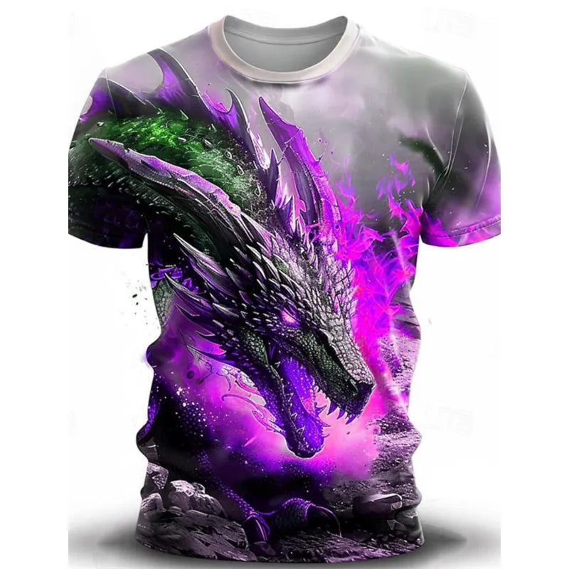 Men's grey T-shirt with 3D wind dragon chest print, short sleeves, thin milk silk fabric