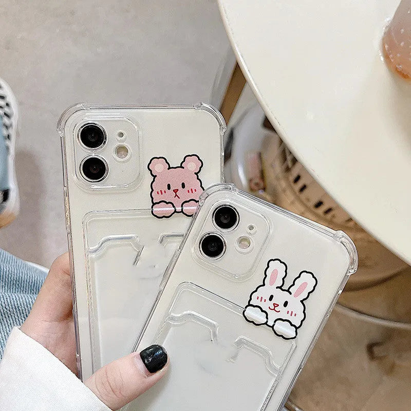 Cartoon design transparent TPU phone case with card slot for iPhone, shown in BQ2472 colour.