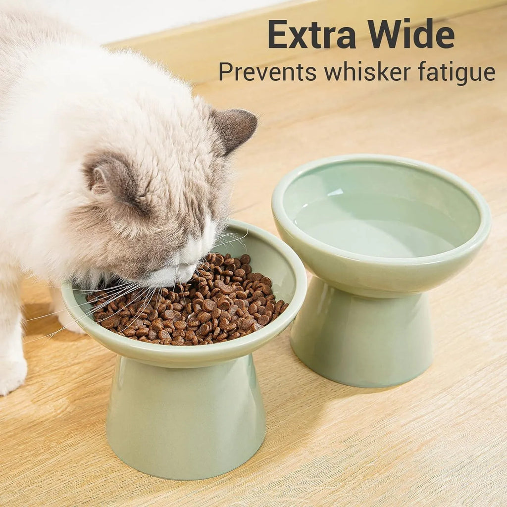 Ceramic elevated cat food bowl with wide shallow 16cm design in blue colour