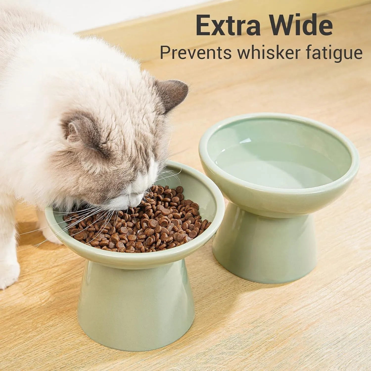Ceramic elevated cat food bowl with wide shallow 16cm design in blue colour