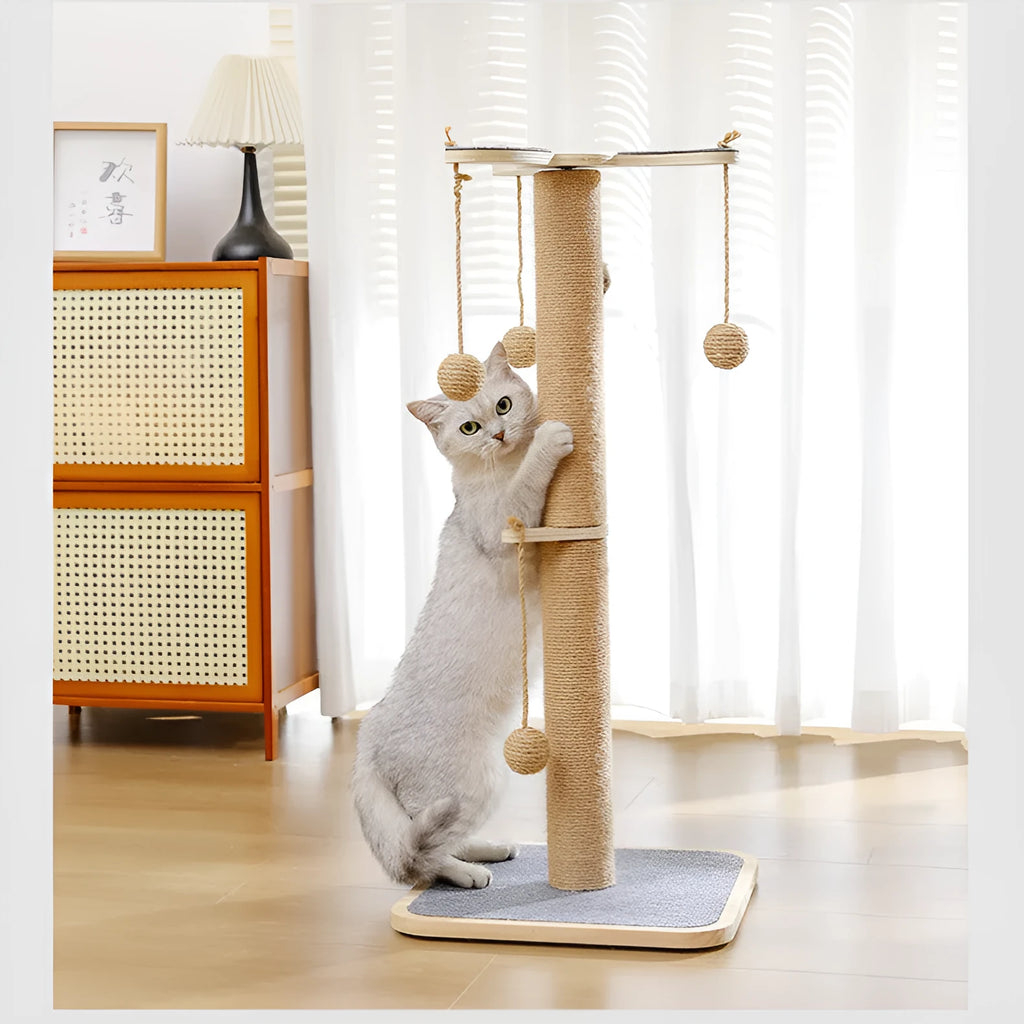 Scratch-resistant cat climbing frame toy with hanging ball, made from pine wood and carpet leather.