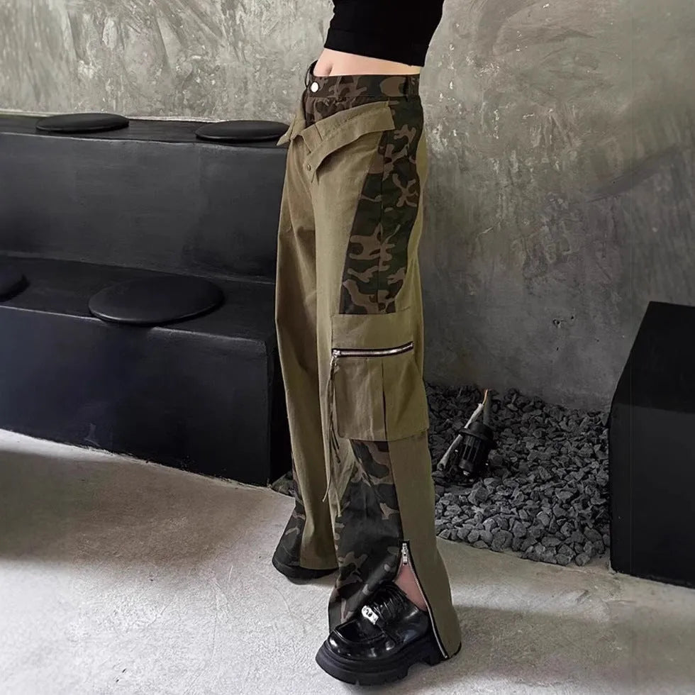 Women's dark khaki leopard print high-waist jeans with retro tooling stitching detail