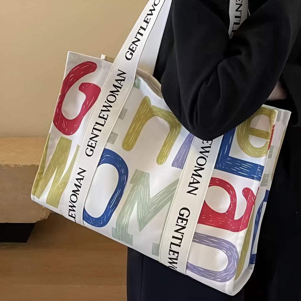 Large canvas tote bag with printing decoration in shoulder bag style