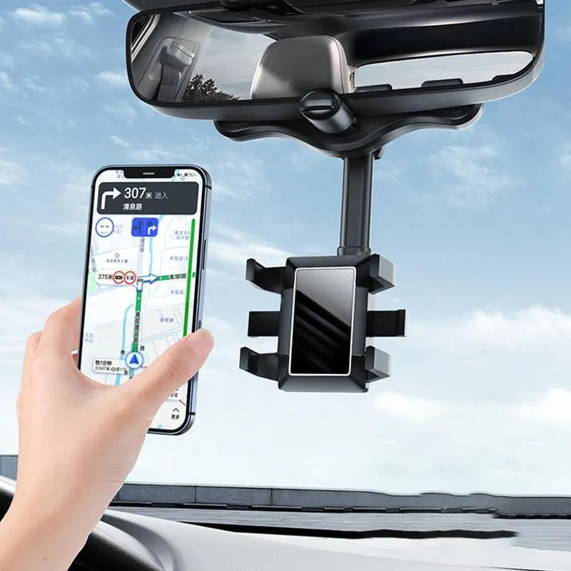 Black rearview mirror phone holder with 360 degree rotation and retractable arm for car mounting
