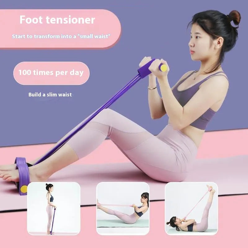 Yoga four-piece set showing leg beauty device, yoga ring, pedal tension device and figure-eight tension rope for home fitness