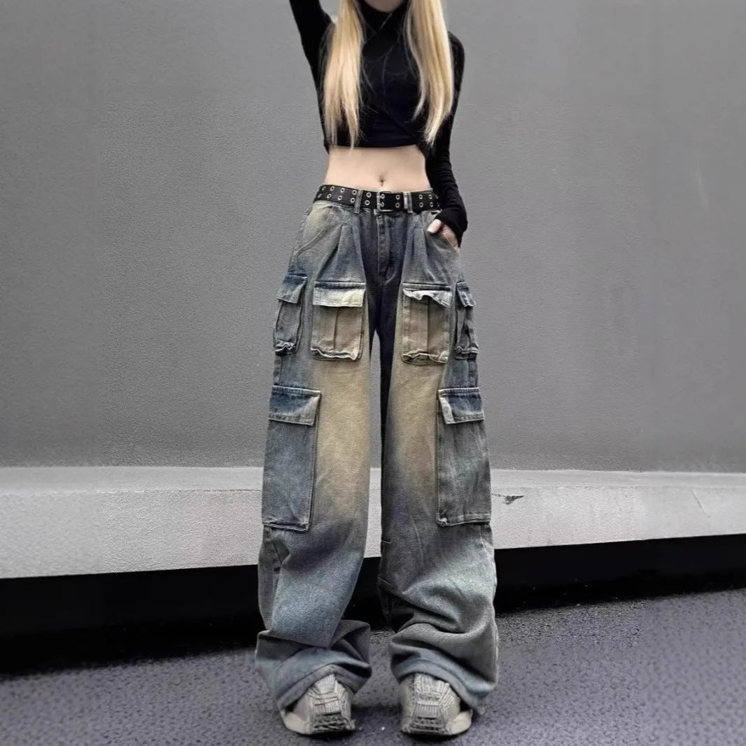 Men's loose fit distressed denim jeans with multiple utility pockets in light blue or black colours