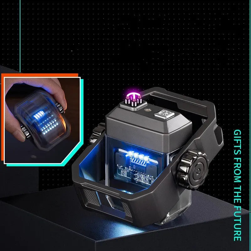 Windproof double arc electric lighter with mechanical gyroscope in zinc alloy construction showing folding design