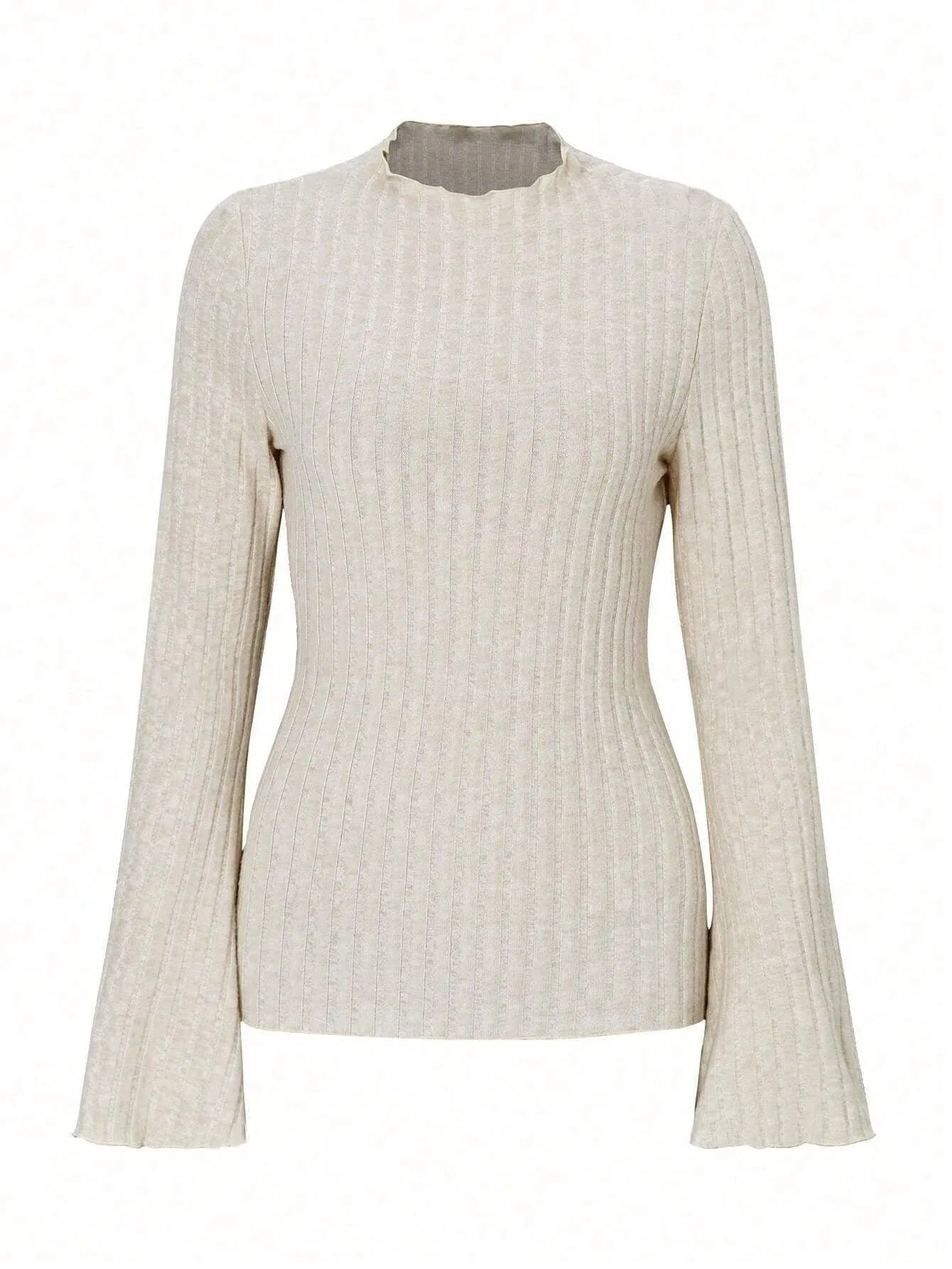 Long sleeve slim fit polyester top with lantern sleeves in black colour, showing round neck design