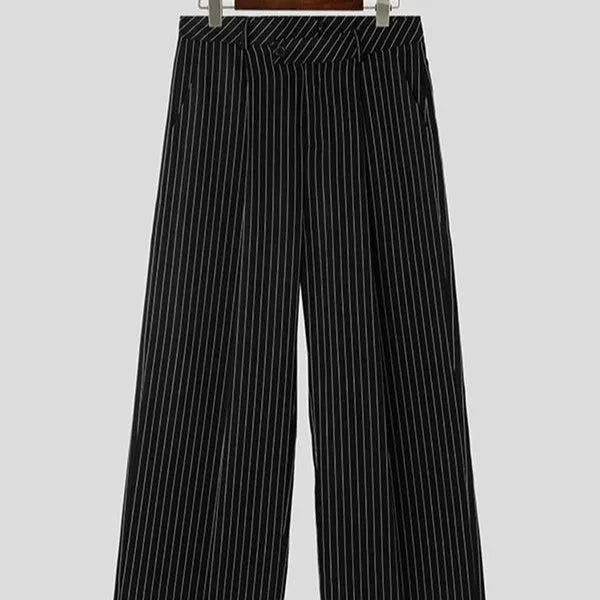 Men's black vertical striped pleated casual trousers showing elastic waistband and leg detail