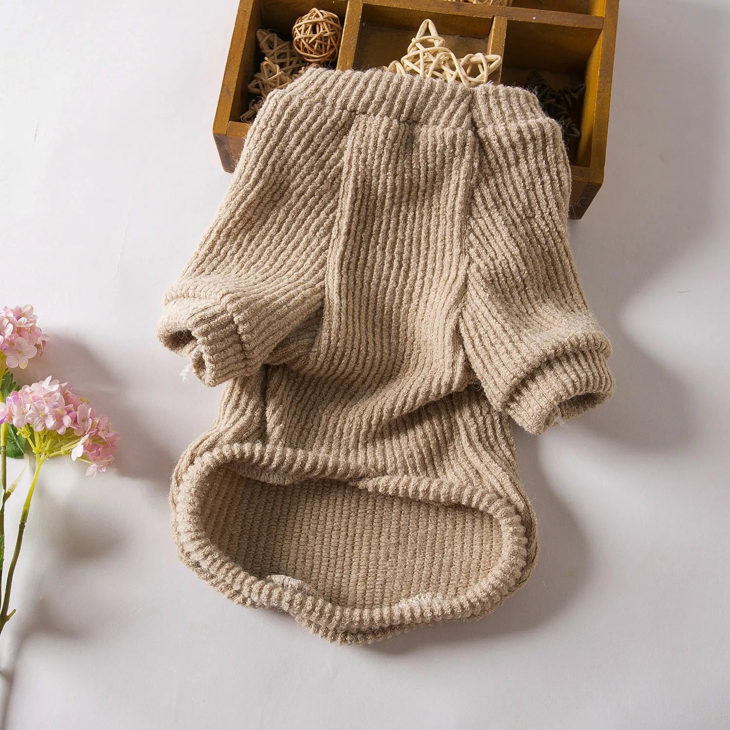 Brown cloth dog sweater pullover for small breeds on a white background.