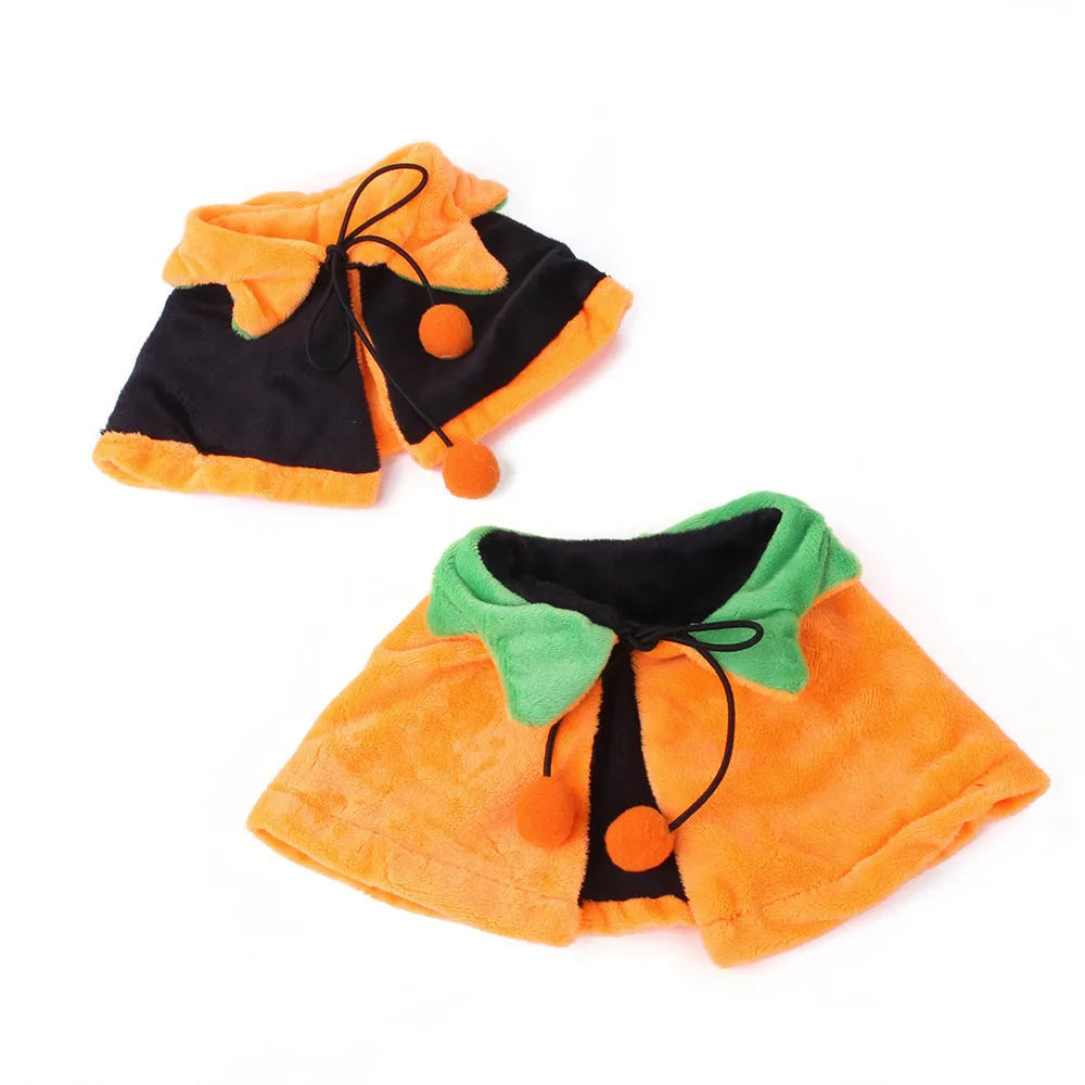 Orange double-sided pumpkin cloak costume on dog or cat with plush material and Halloween ornaments
