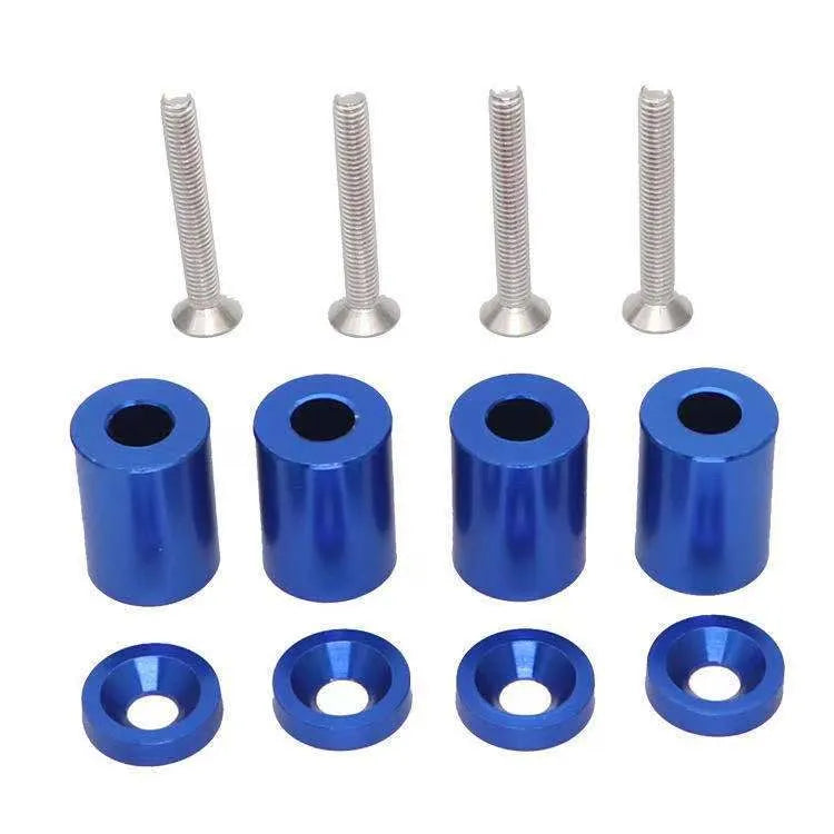 Aluminium engine cover spacers in black, blue, and red colours with installation hardware