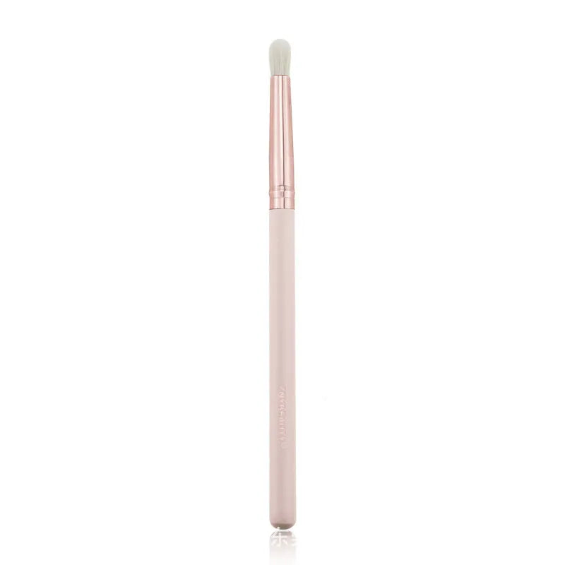 26-piece pink makeup brush set with wooden handles and a grey PU storage case, arranged open.