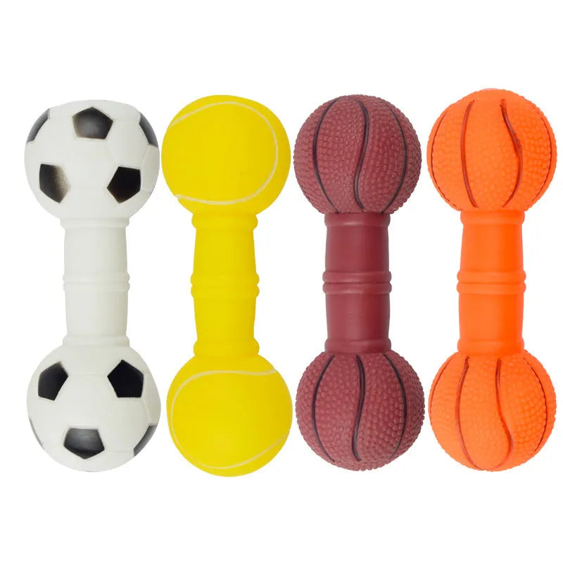 Four coloured brown, orange, white, yellow dumbbell shaped squeaky football dog toys.