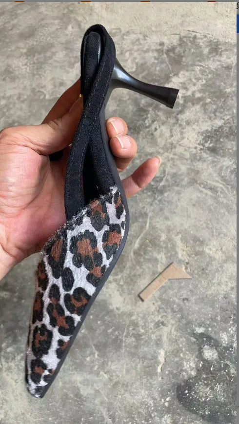 Women's leopard print suede sandals with pointed toe design and high heels