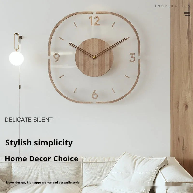Modern transparent wooden wall clock with square 35cm dimensions showing clear dial and wooden frame