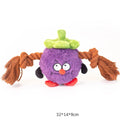 Green and purple plush rope knot dog toy with molar tooth shape for tug of war games.