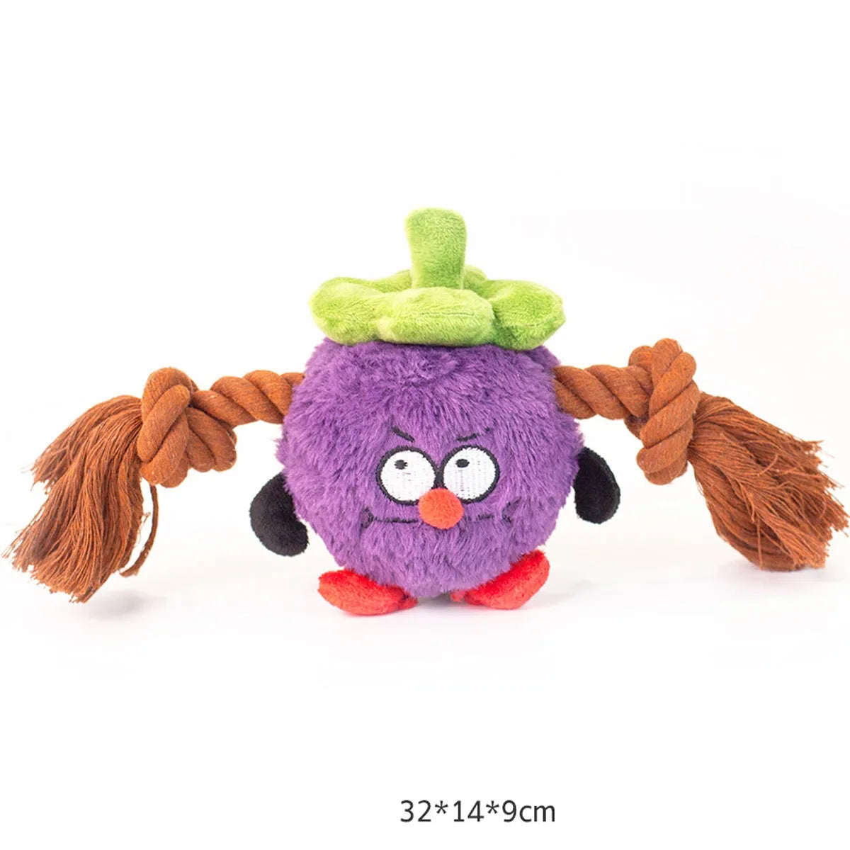 Green and purple plush rope knot dog toy with molar tooth shape for tug of war games.