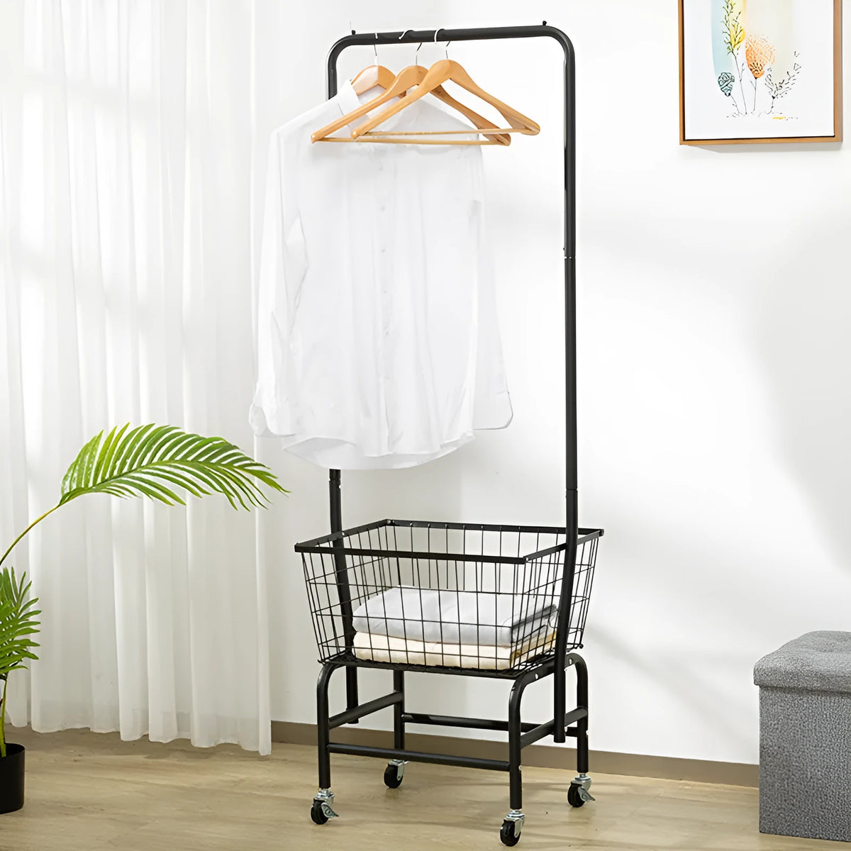 Iron single rod pulley storage car on casters with clothes hanger in white or black finish