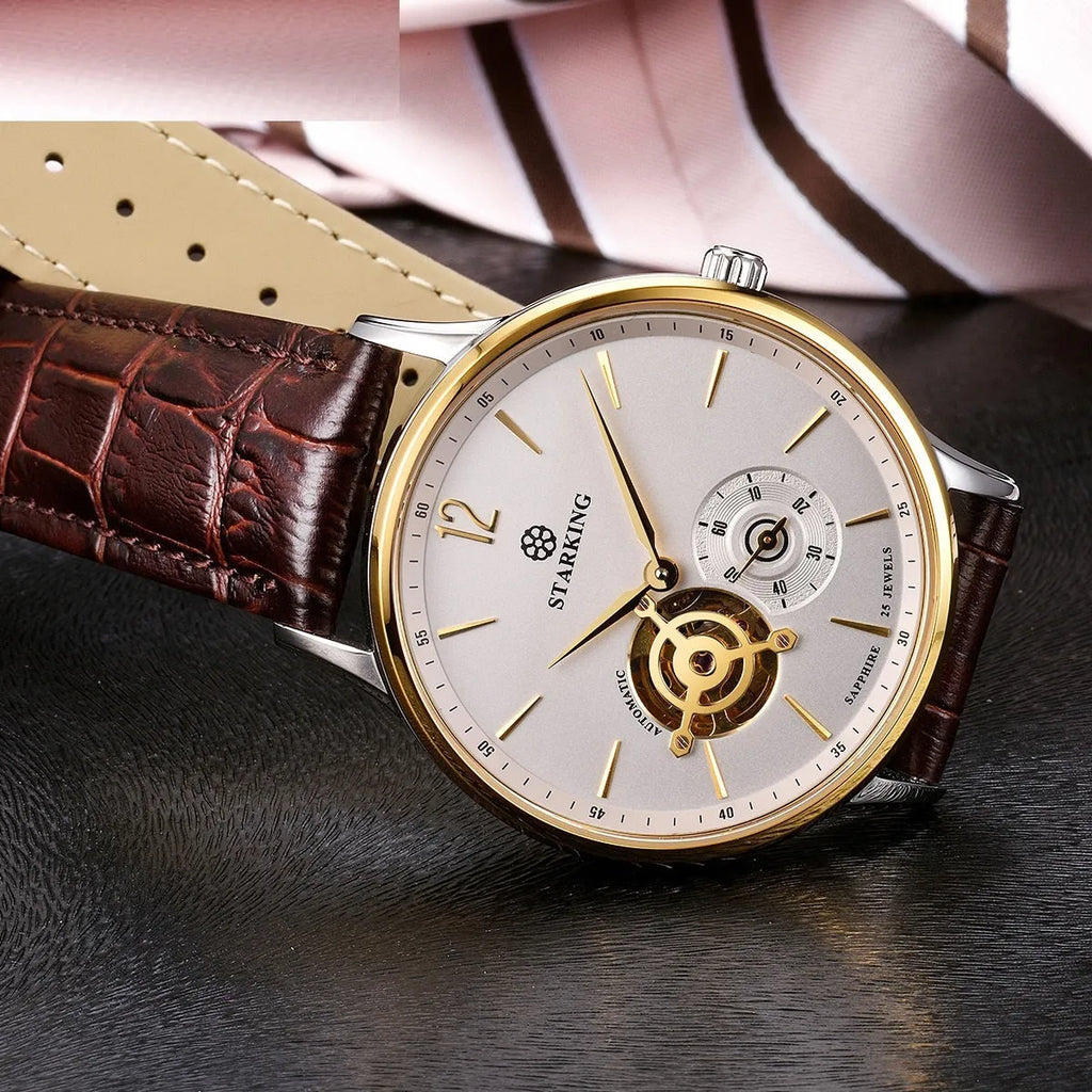 Automatic mechanical men's business watch with hollow three-hand design on brown leather strap